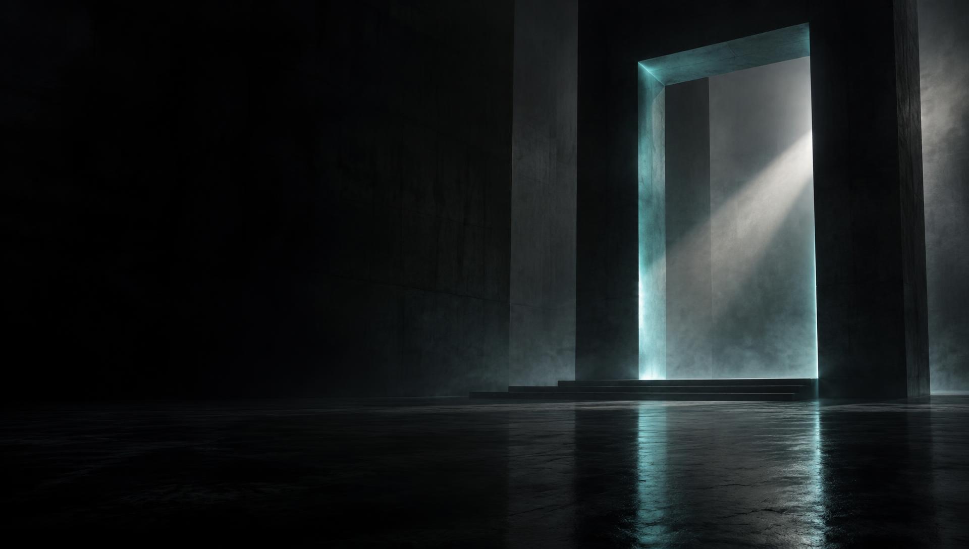 A monumental architectural doorway illuminated by cinematic light